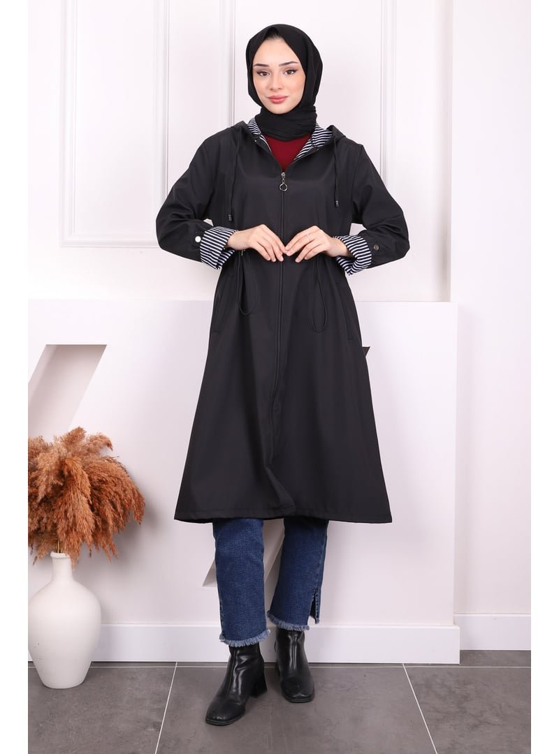 İmaj Butik Siyah Cepli Kapüşonlu Trençkot