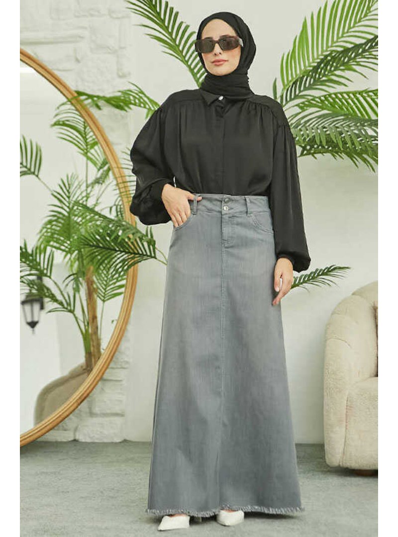 Neways Gri Denim Püsküllü Etek