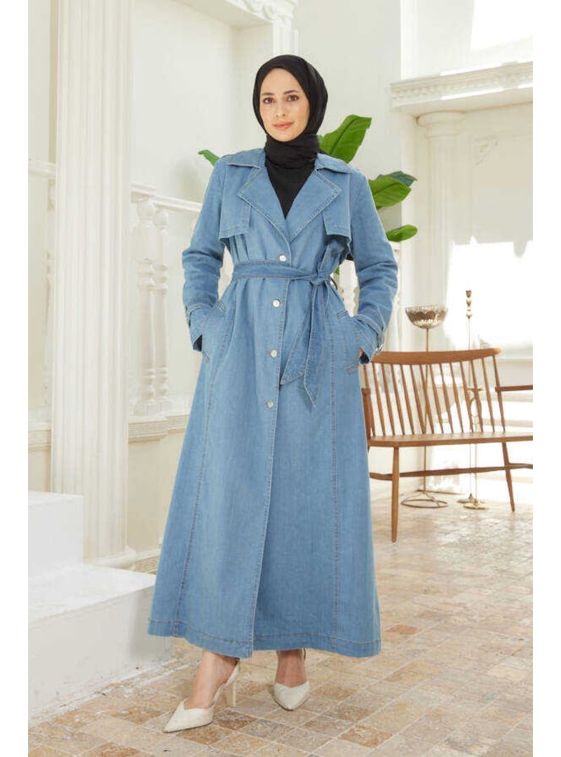 Neways Mavi Battal Allerli Denim Trençkot