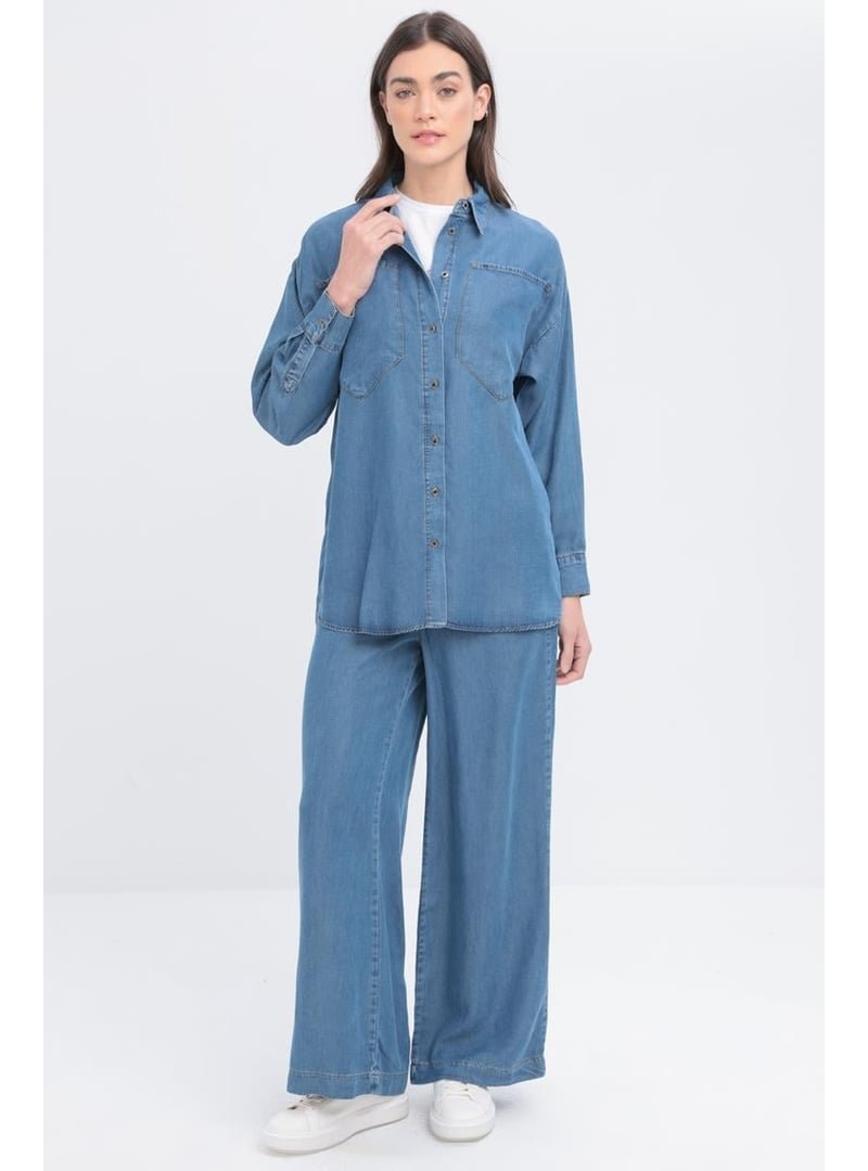 Allday Açık Mavi Büyük Cepli Denim Pantolonlu Takım