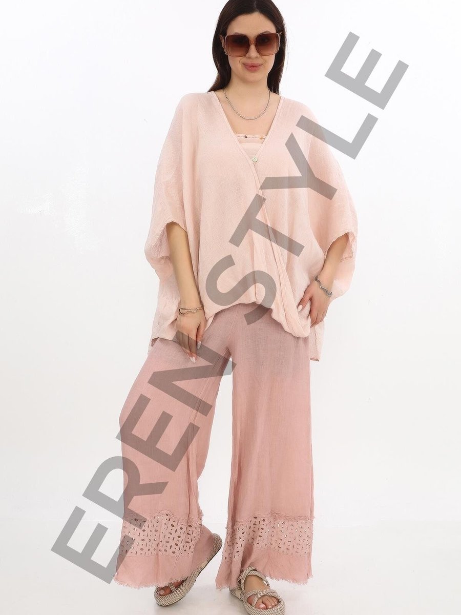 EREN STYLE Pudra İtalyan Fisto Paça Detaylı Keten Pantolon
