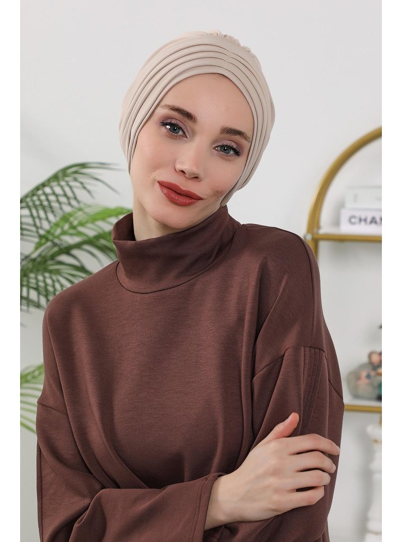 Aisha`s Design 13o Bej Dört Mevsim Kullanıma Uygun Mihrace Pileli Bone,b