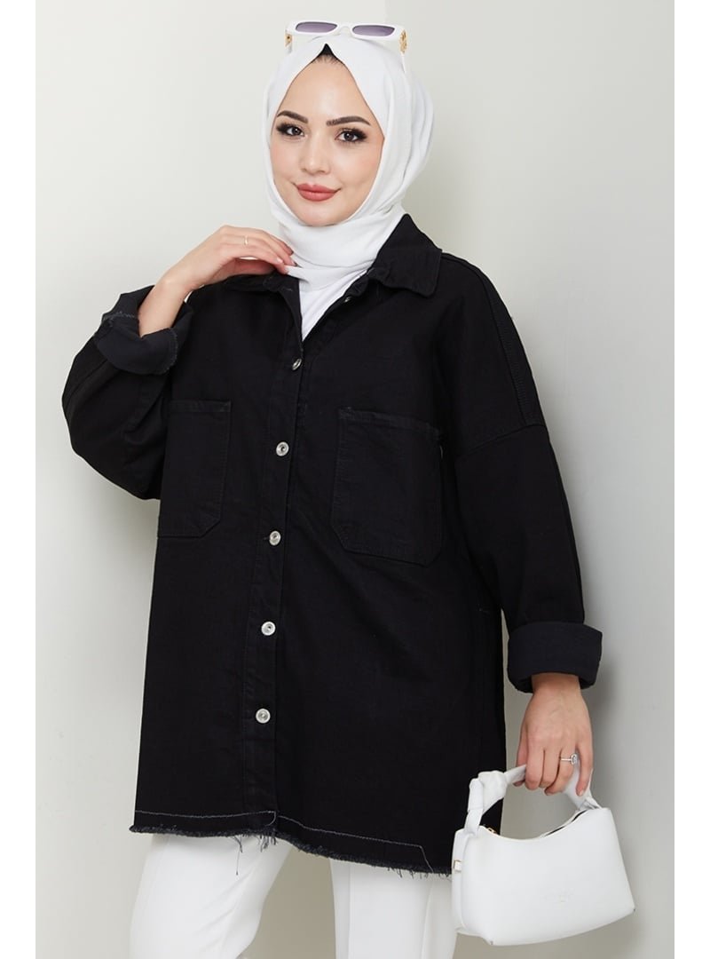 Bestenur Siyah Püsküllü Oversize Kot Ceket
