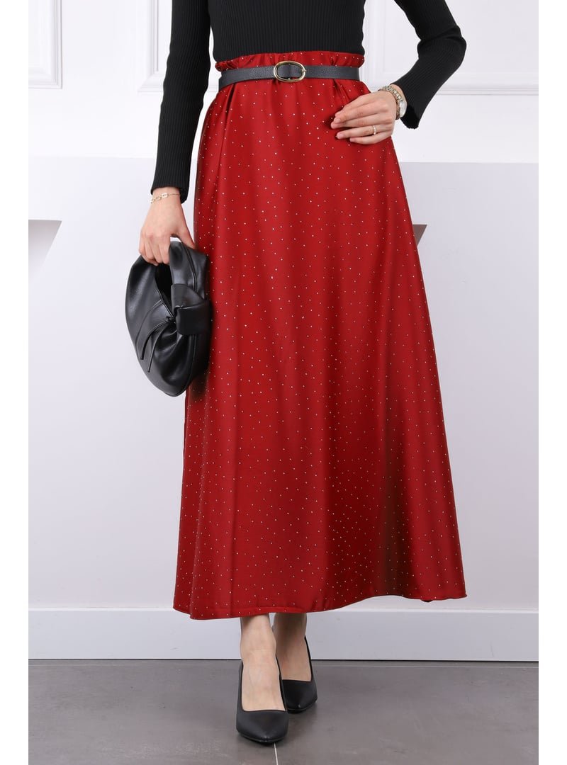 İmaj Butik Bordo Bel Lastikli Taşlı Saten Etek