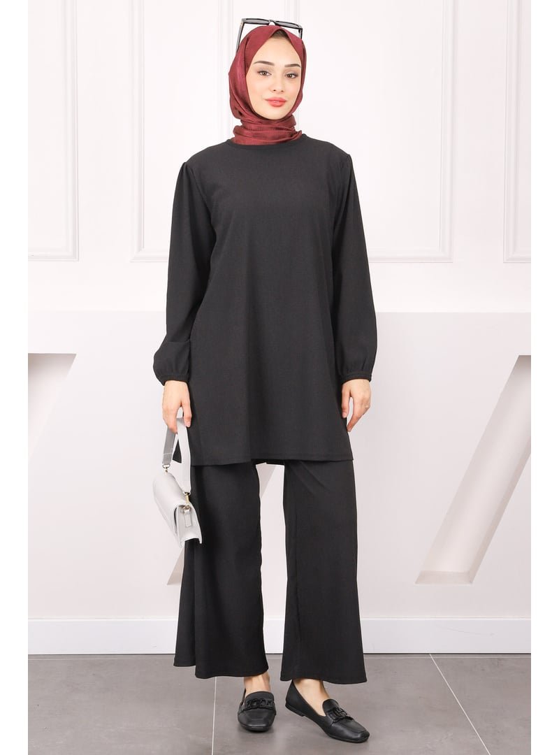 İmaj Butik Siyah Bürümcük Tunik Pantolonlu Takım