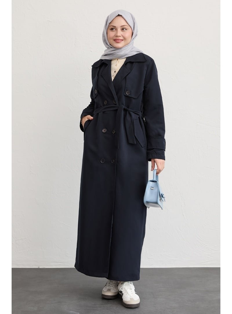 InStyle Çift Kapaklı Kuşaklı Lacivert Trençkot