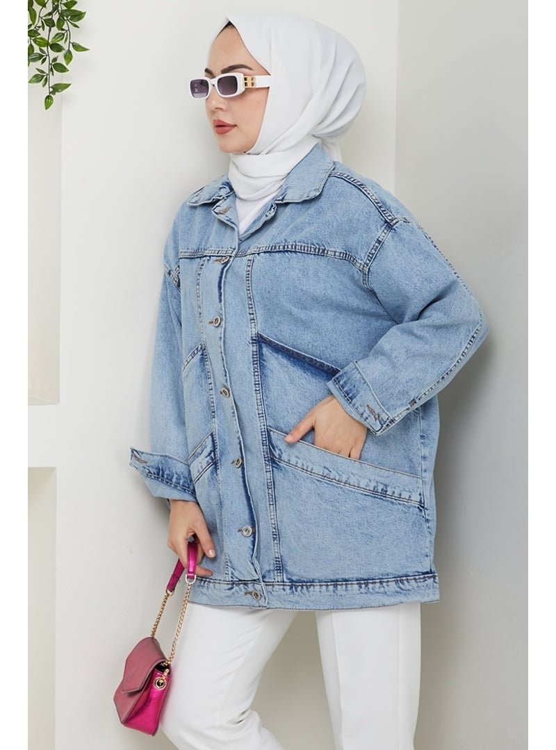 Bestenur Buz Mavi Çift Cepli Oversize Kot Ceket