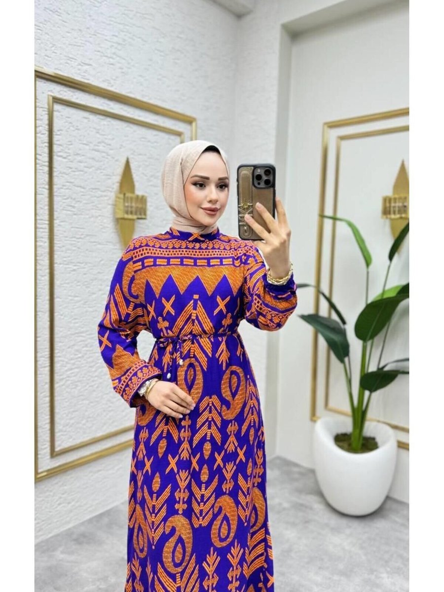 Nergis Neva Butik Oranj Etnik Desenli Viscon Elbise