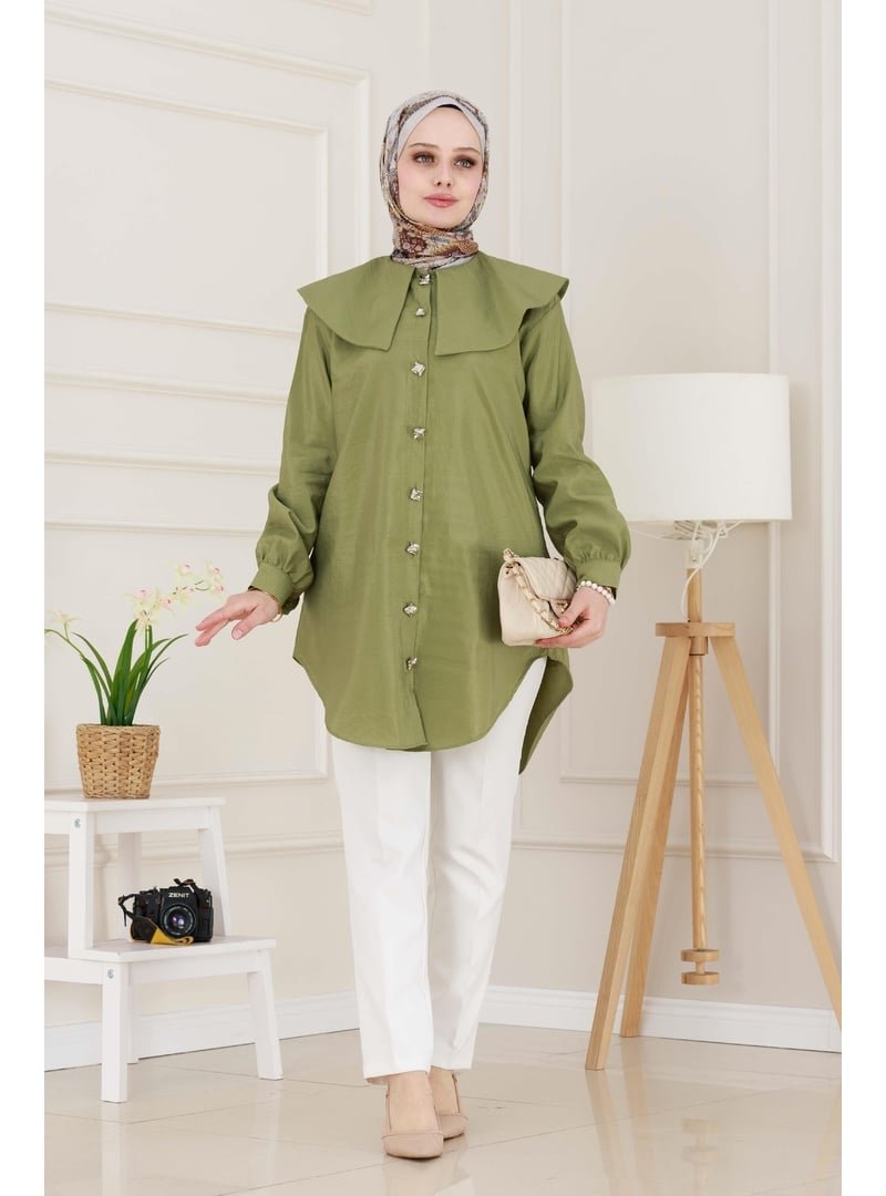 Sevitli Yeşil Beli Bağcık Detaylı Geniş Yaka Tunik