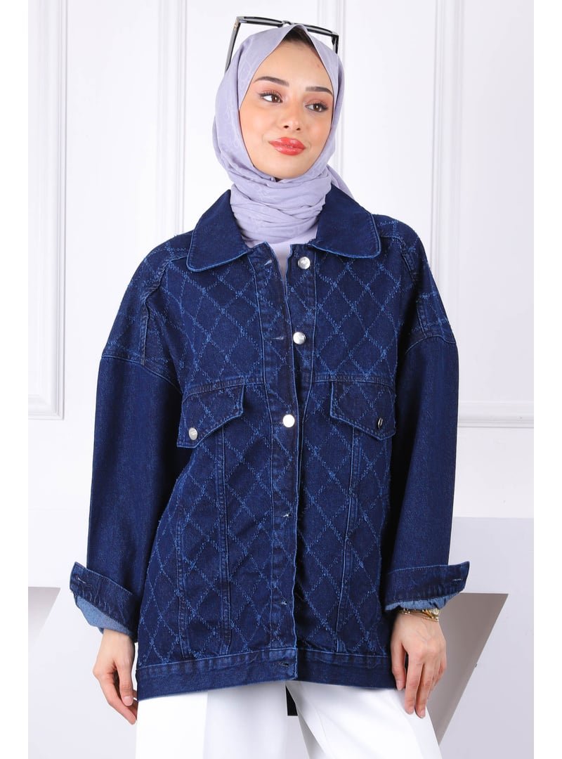 İmaj Butik Lacivert Lazer Kesim Kot Ceket