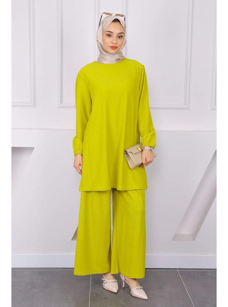İmaj Butik Yağ Yeşili Bürümcük Tunik Pantolonlu Takım