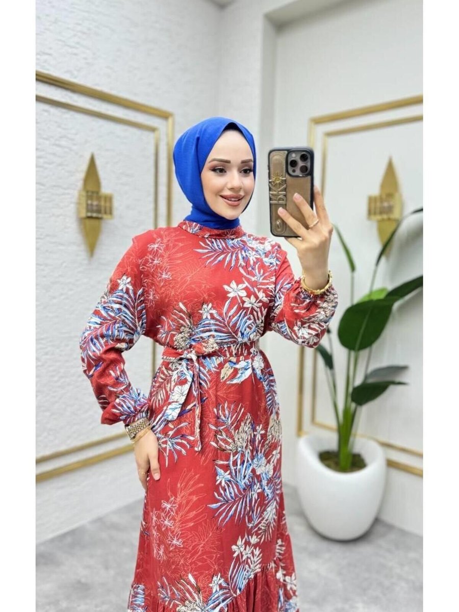 Nergis Neva Butik Kiremit Çalı Desenli Viskon Elbise