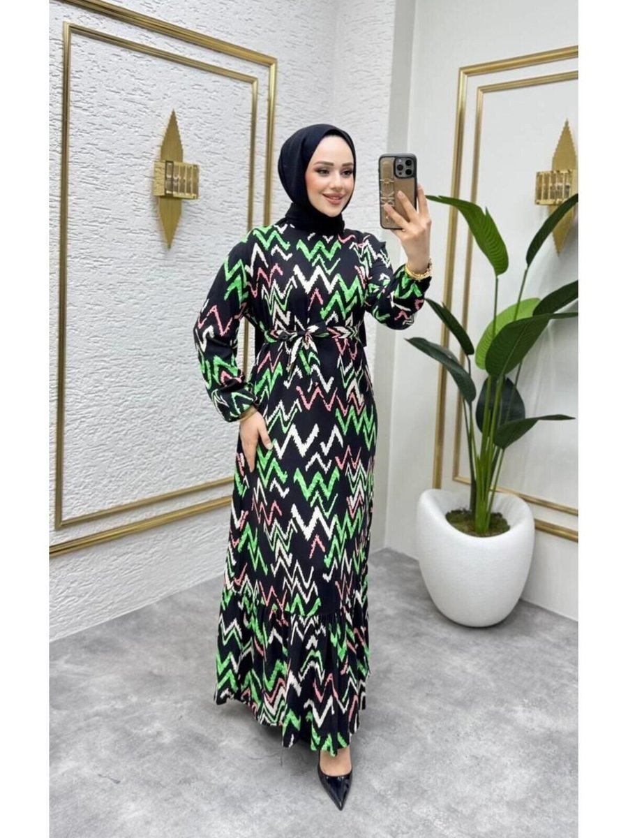 Nergis Neva Butik Siyah Zikzak Desenli Elbise