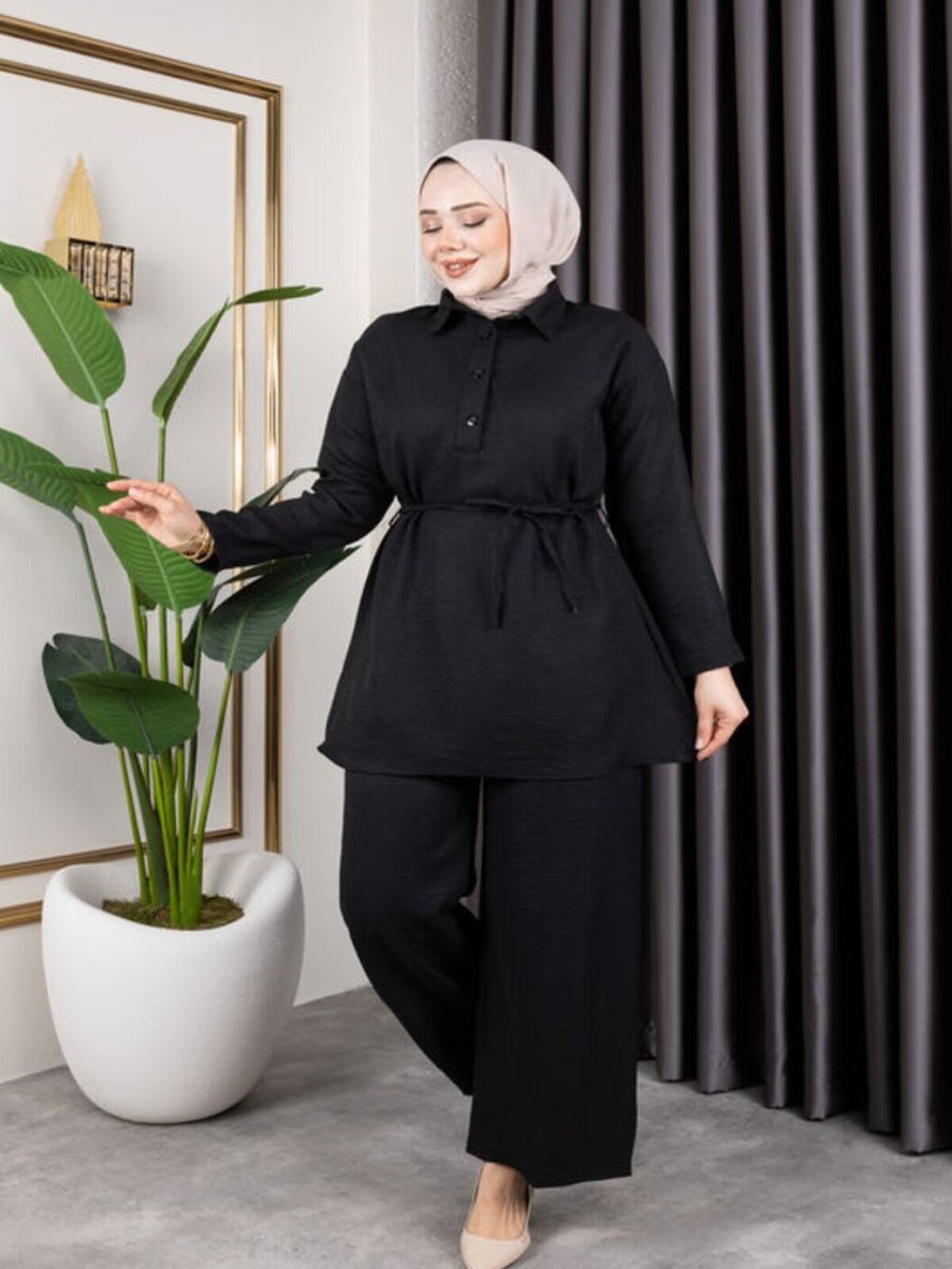 SFG Life Moda Siyah Gömlek Yaka Ve Önü Düğme Detaylı Belden Bağcıklı Pantolon & Tunik Keten İkili Takım
