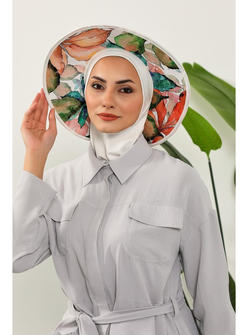 Aisha`s Design Sonbahar Nijya Boneli Çıkarılabilir Desenli Şapkalı Bone Türban,s 6d Krem