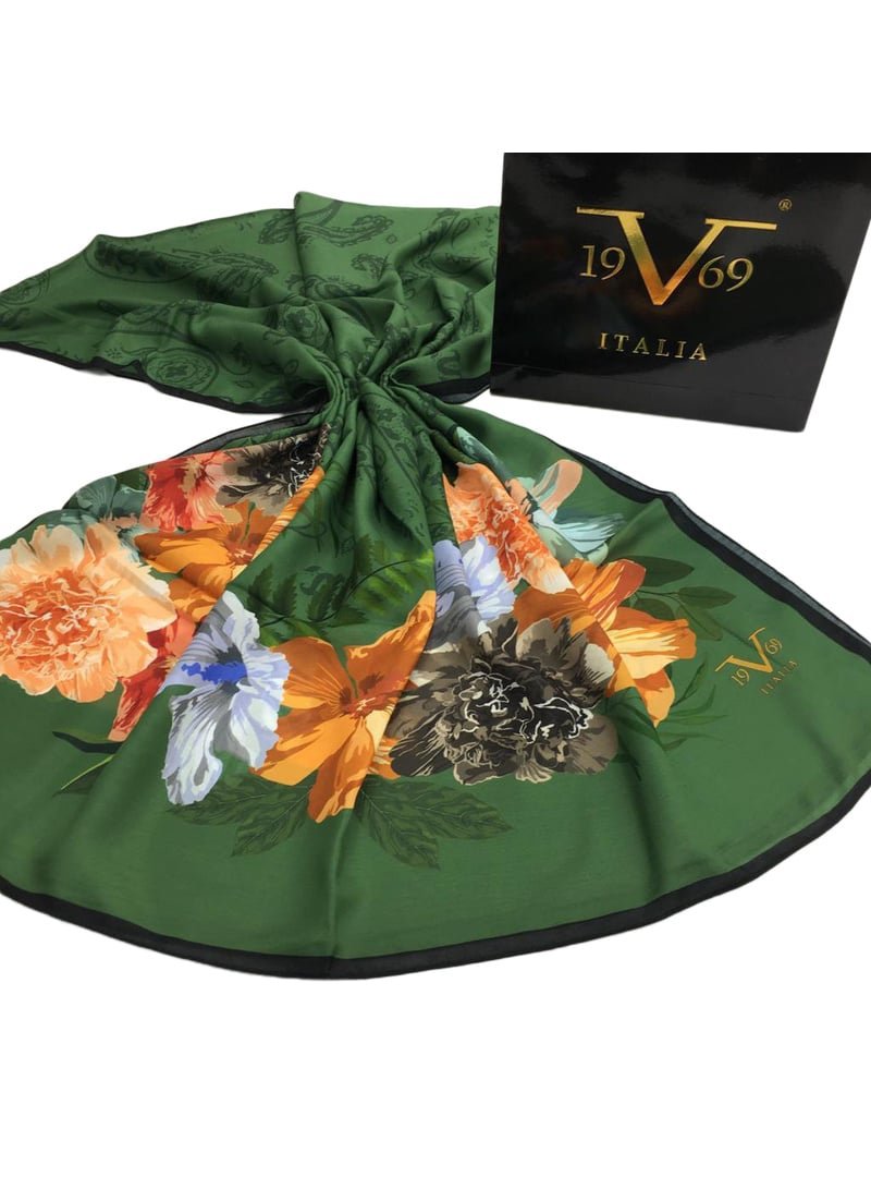 19v69 ITALIA Zümrüt Yeşili Çiçekli Desen Pavia Seri Şal Askısı İle Birlikte 90x200 Cm