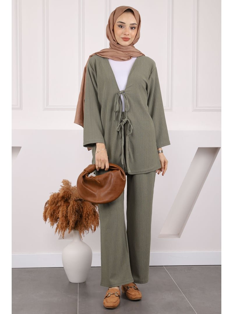 İmaj Butik Haki Ön Bağlamalı Bürümcük Kimono Pantolonlu Takım