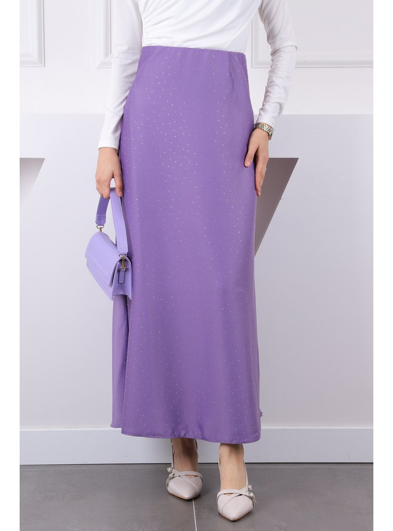 İmaj Butik Lila Bel Lastikli Taşlı Saten Etek