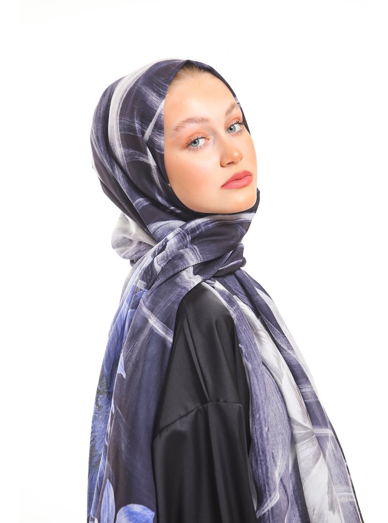 19v69 ITALIA Geometrik Çiçekli Desen Pavia Seri Şal Askısı İle Birlikte 90x200 Cm Lacivert Krem