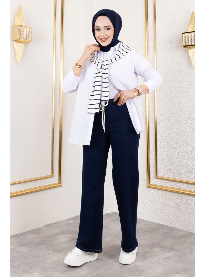 Tesettür Dünyası Koyu Mavi Bol Paça Beli Lastikli Kot Pantolon