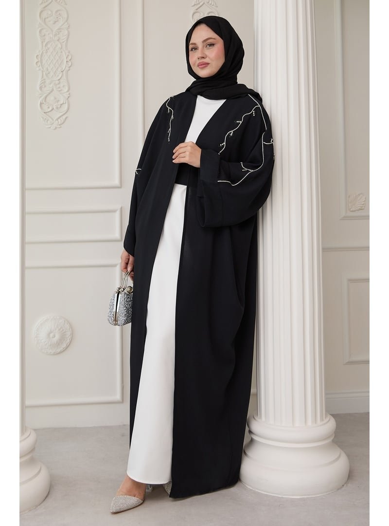 InStyle Siyah Sarmaşık Desen Taşlı Elbiseli Abaya