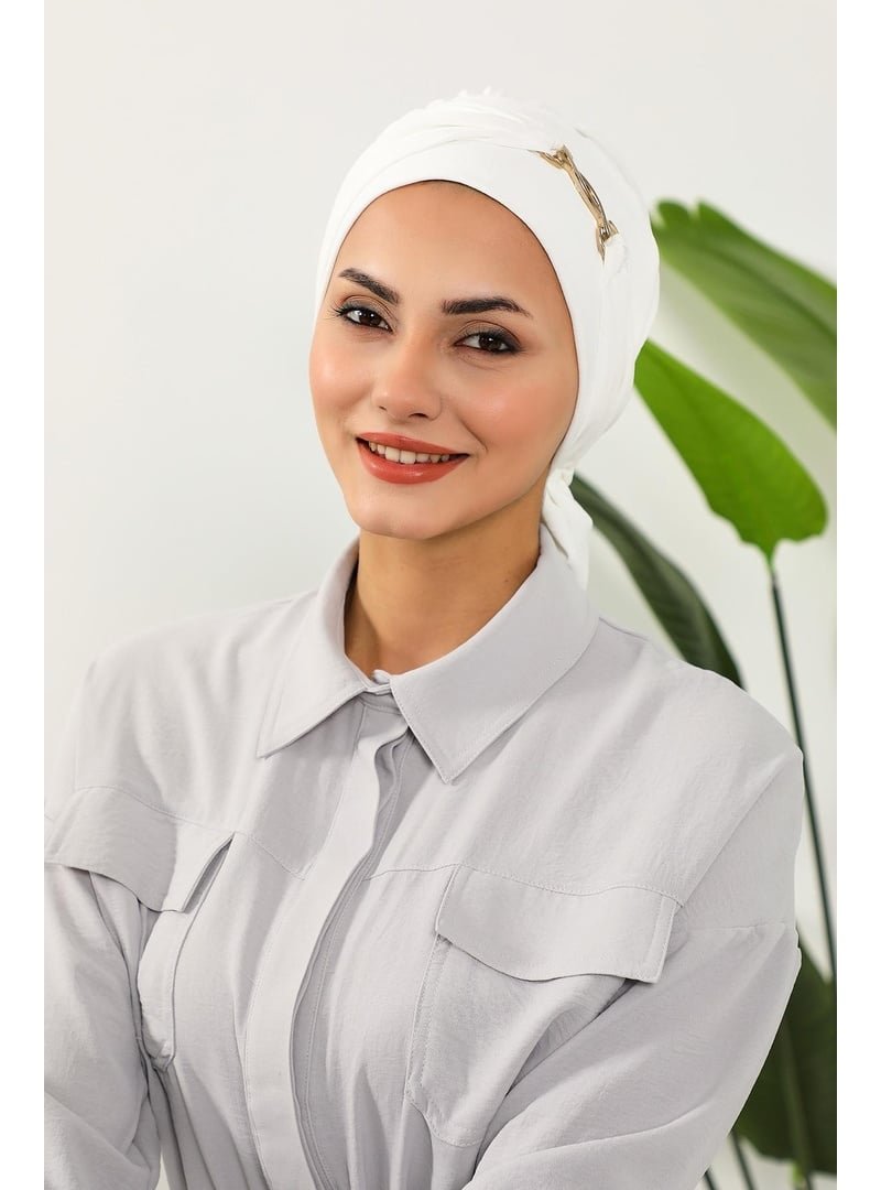 Aisha`s Design Ecru Aerobin Kumaş Aksesuarlı Hazır Türban,ht