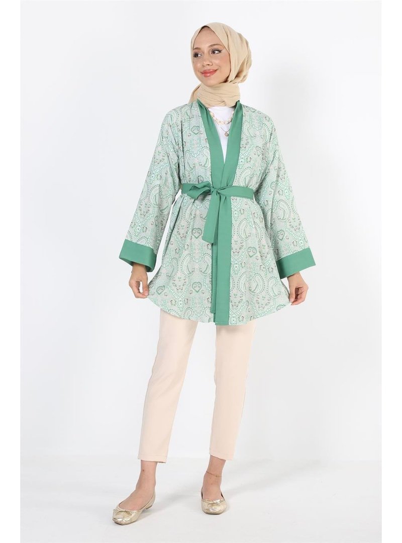 Plistre 2121_desenli Beli Kuşaklı Kimono