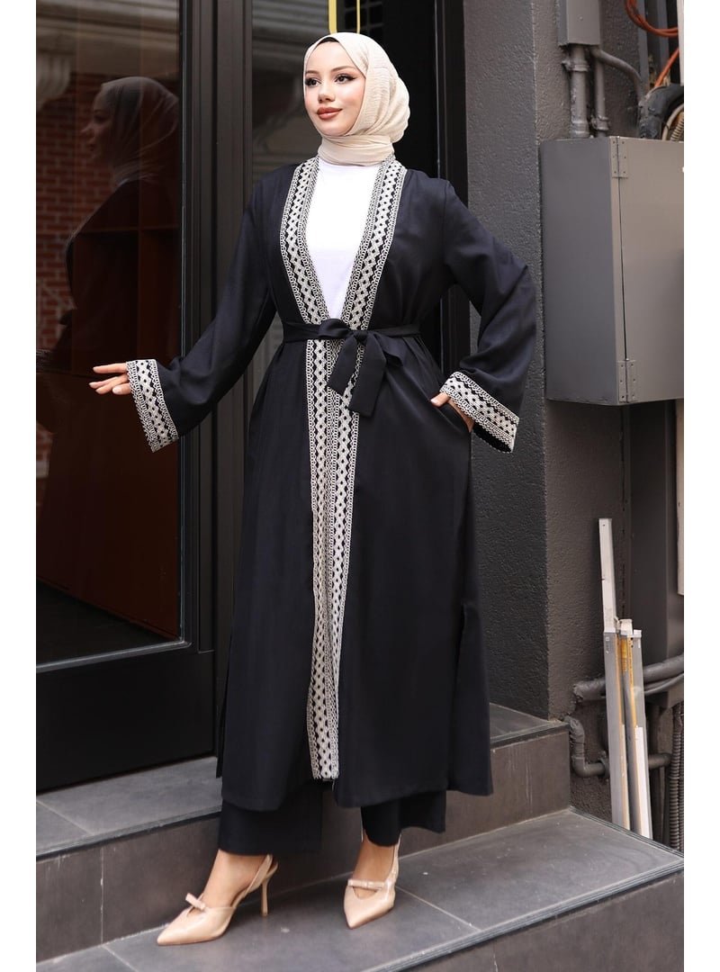 MISSVALLE Siyah Etnik Desenli Kimono Takım