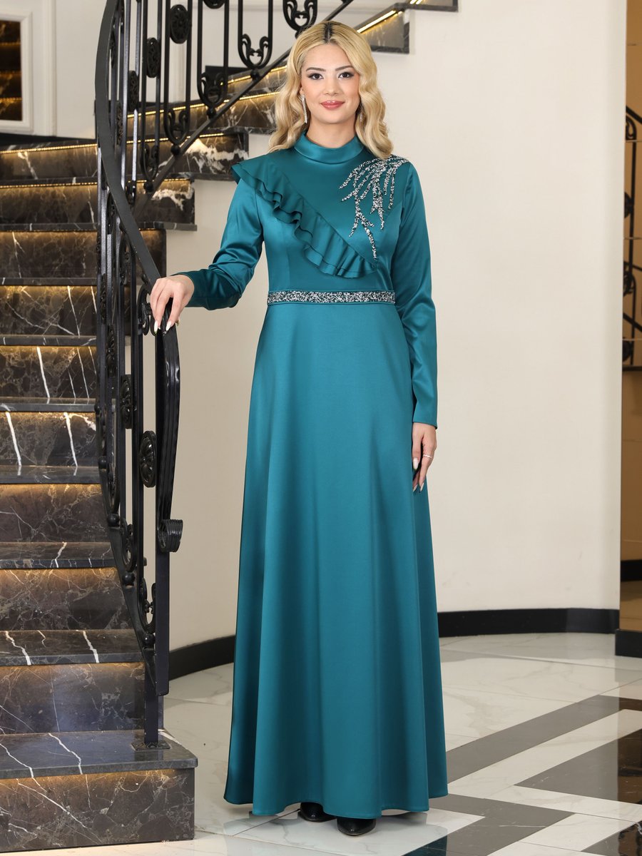 Elben Moda Yeşil Ada Saten Abiye Elbise