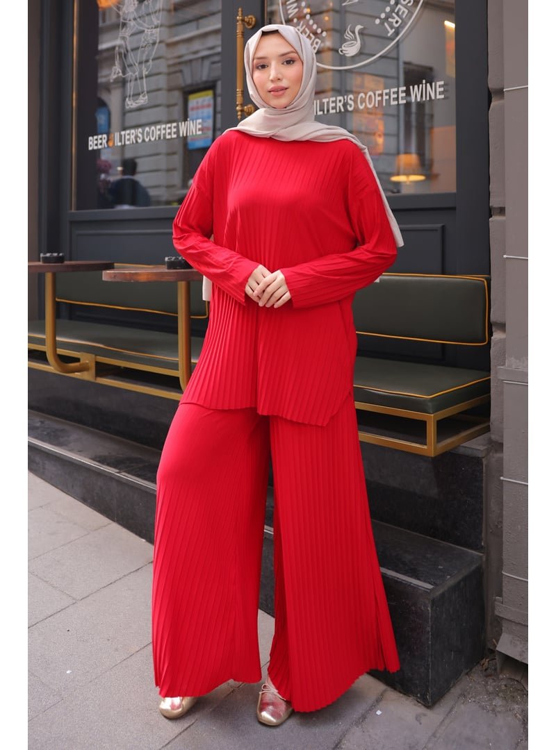 İmaj Butik Kırmızı Piliseli Sandy Tunik Pantolon Takım