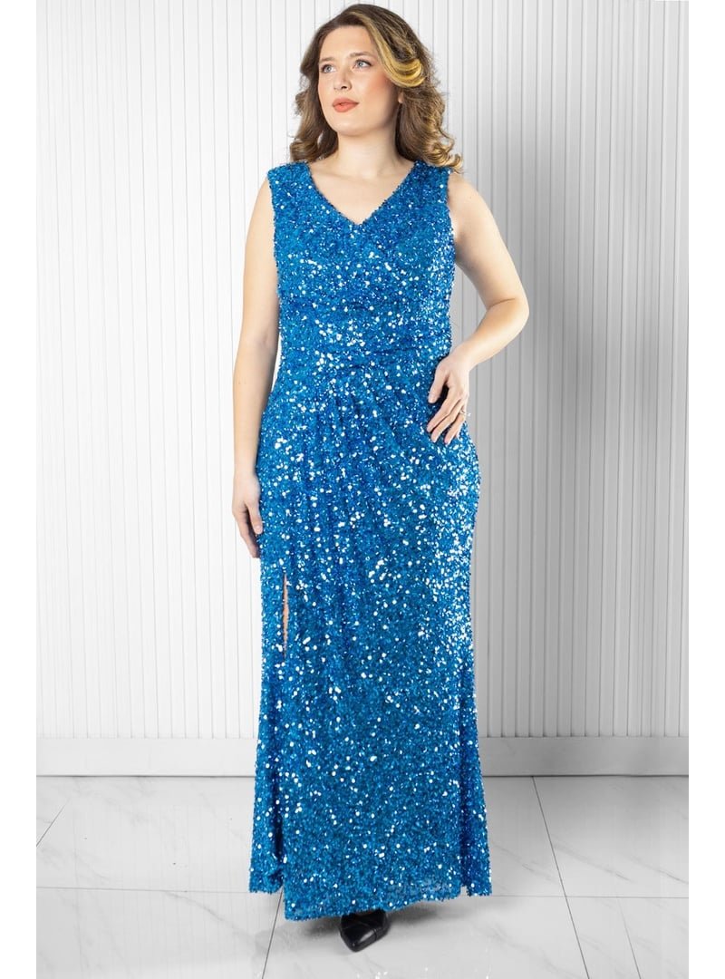 MFA Moda İndigo Pul Payetli Abiye Elbise