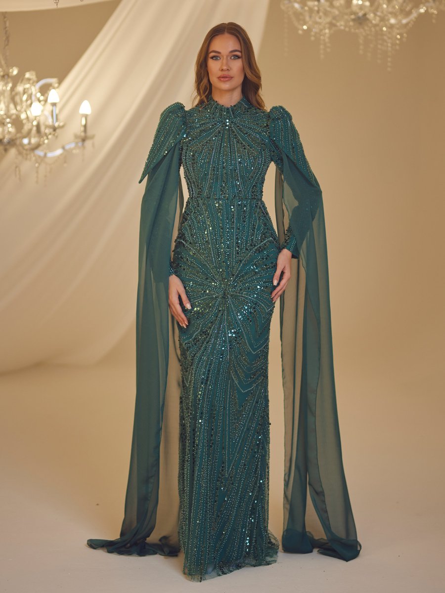 Burak Baran Fashion Zümrüt Yeşili Işıl Abiye Elbise