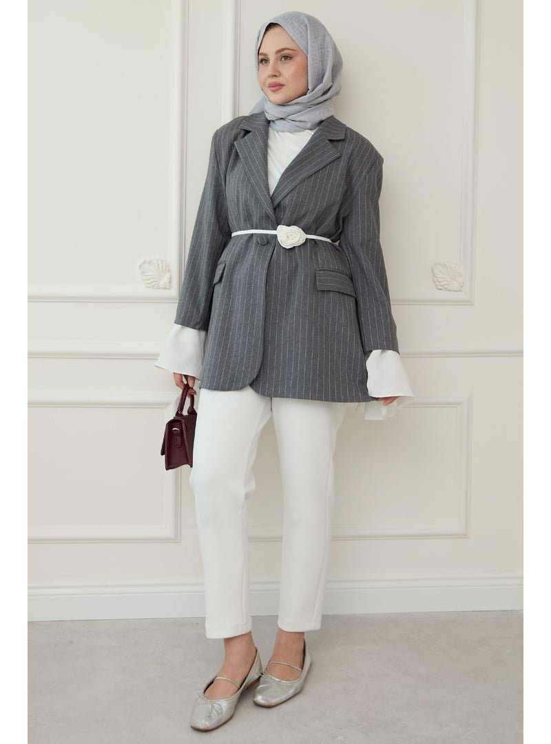 InStyle Çizgili Kolları Volanlı Antrasit Blazer Ceket