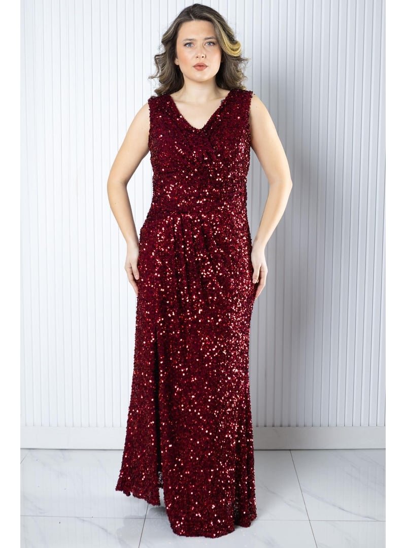 MFA Moda Bordo Pul Payetli Abiye Elbise