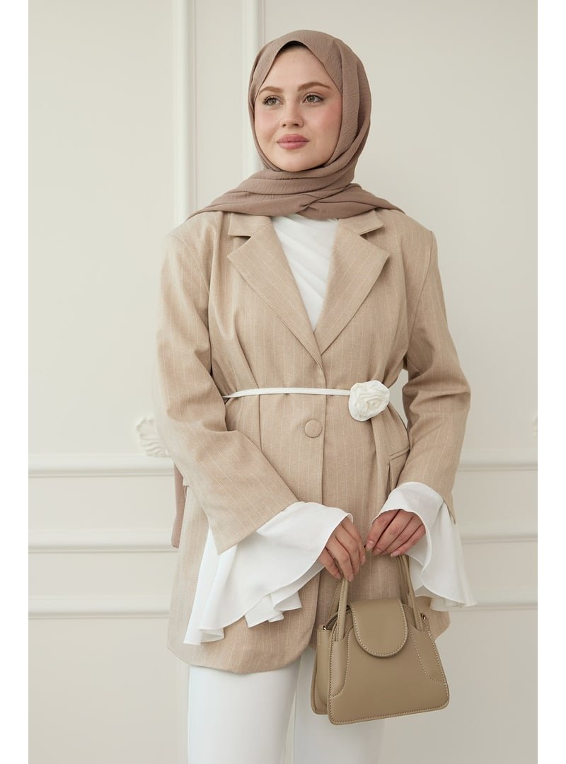 InStyle Çizgili Kolları Volanlı Bej Blazer Ceket