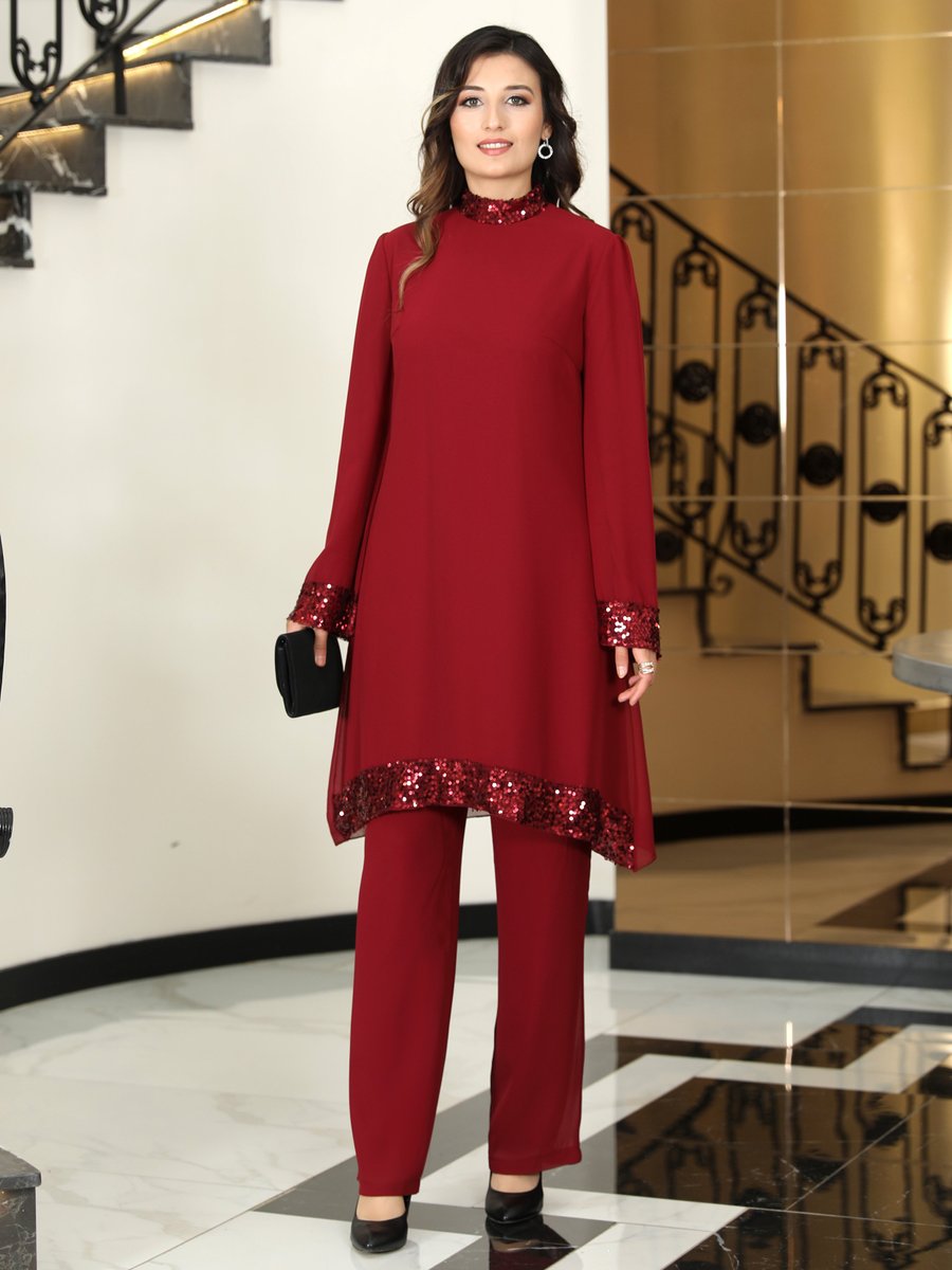 Elben Moda Bordo Umay Şifon Abiye Takım