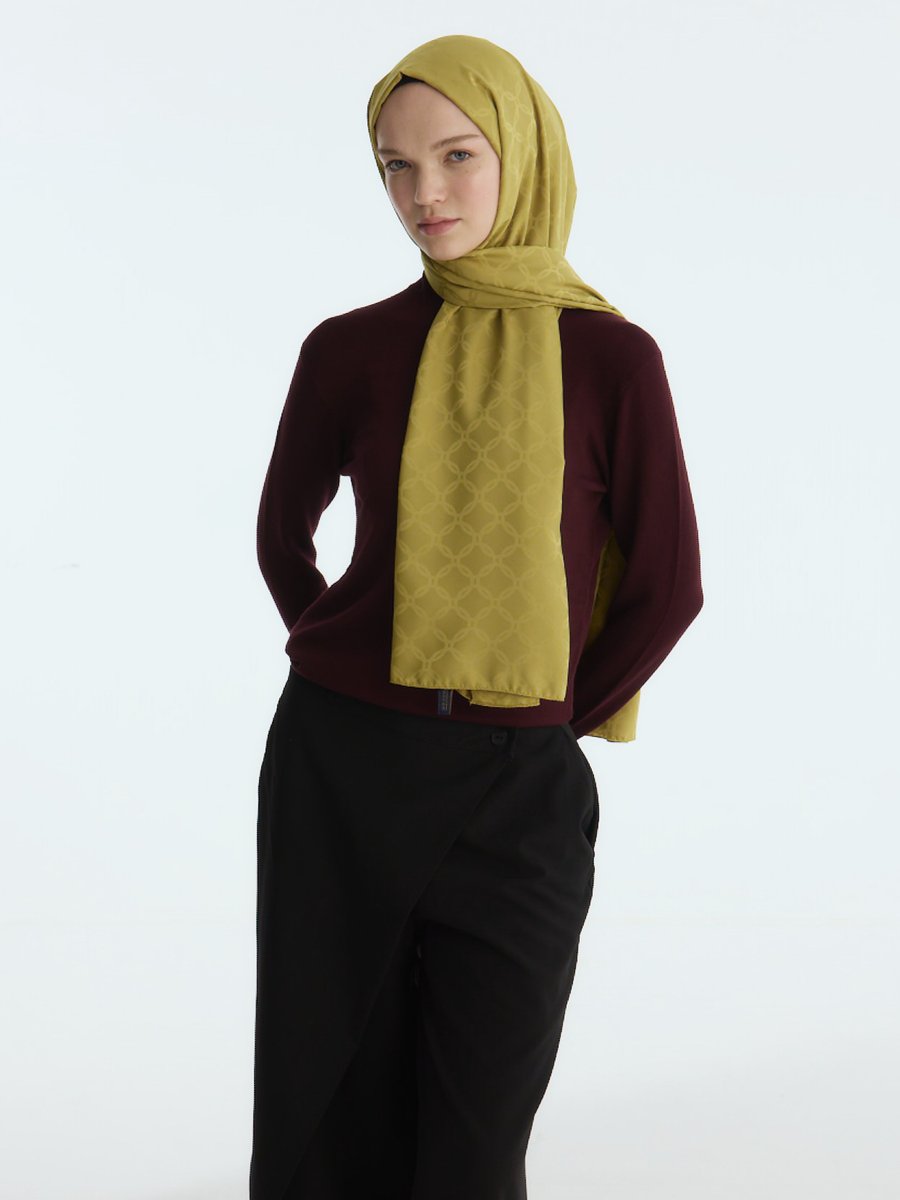 Camellia Scarfs İpeksi Jakar Zincir Desen Şal Yağ Yeşilli