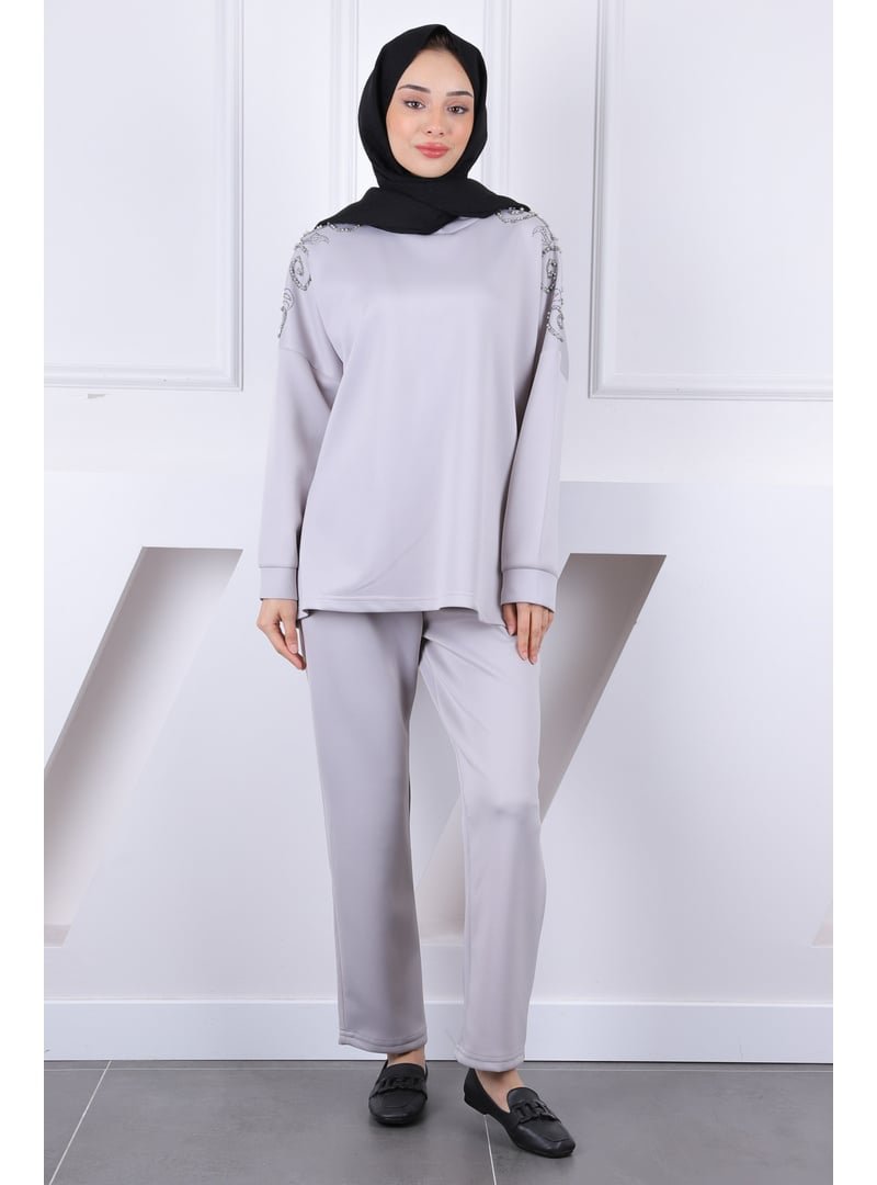 İmaj Butik Gri Omzu Taşlı Scuba Takım