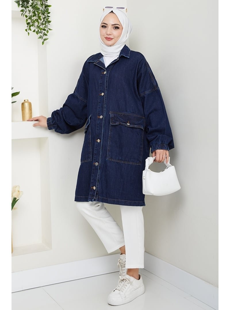 Bestenur Koyu Mavi Oversize Cepli Kot Ceket