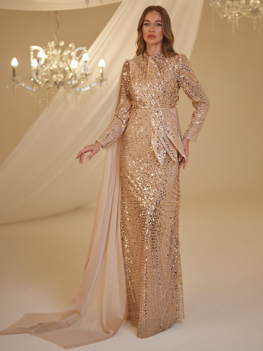 Burak Baran Fashion Gold Rengi Adel Abiye Elbise