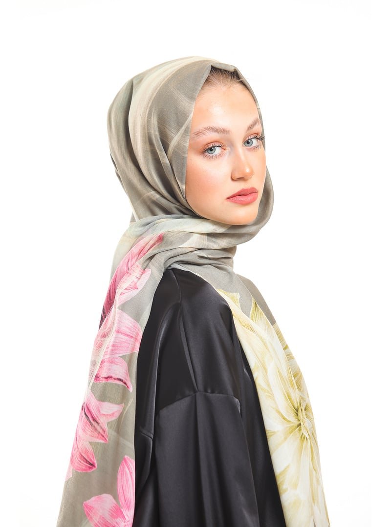 19v69 ITALIA Krem Geometrik Çiçekli Desen Pavia Seri Şal Askısı İle Birlikte 90x200 Cm Vizon