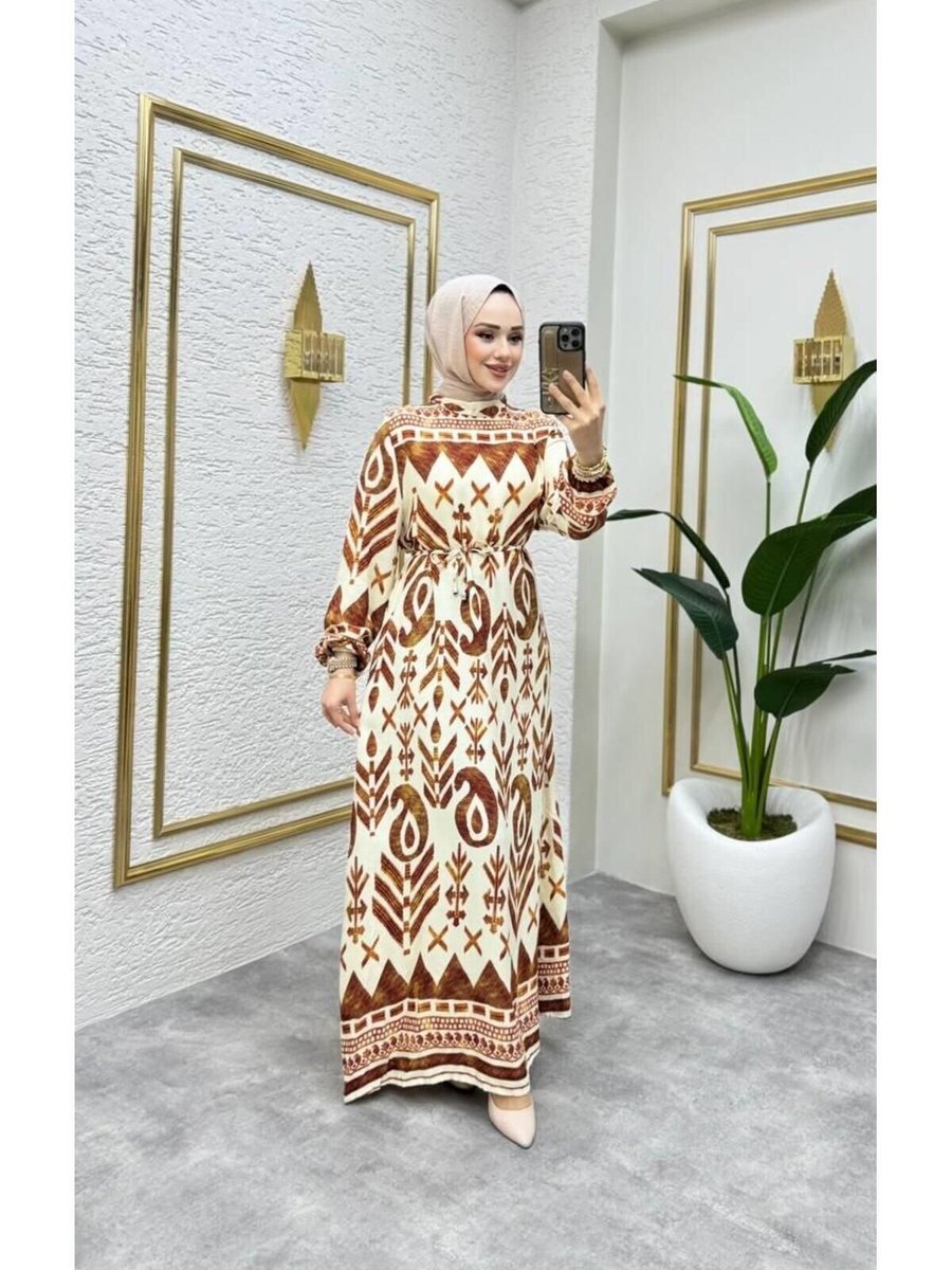 Nergis Neva Butik Kahverengi Etnik Desenli Viscon Elbise