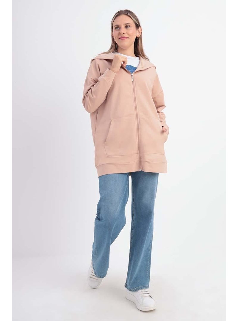 Allday Koyu Bej Kapüşonlu Fermuarlı Sweat Hırka