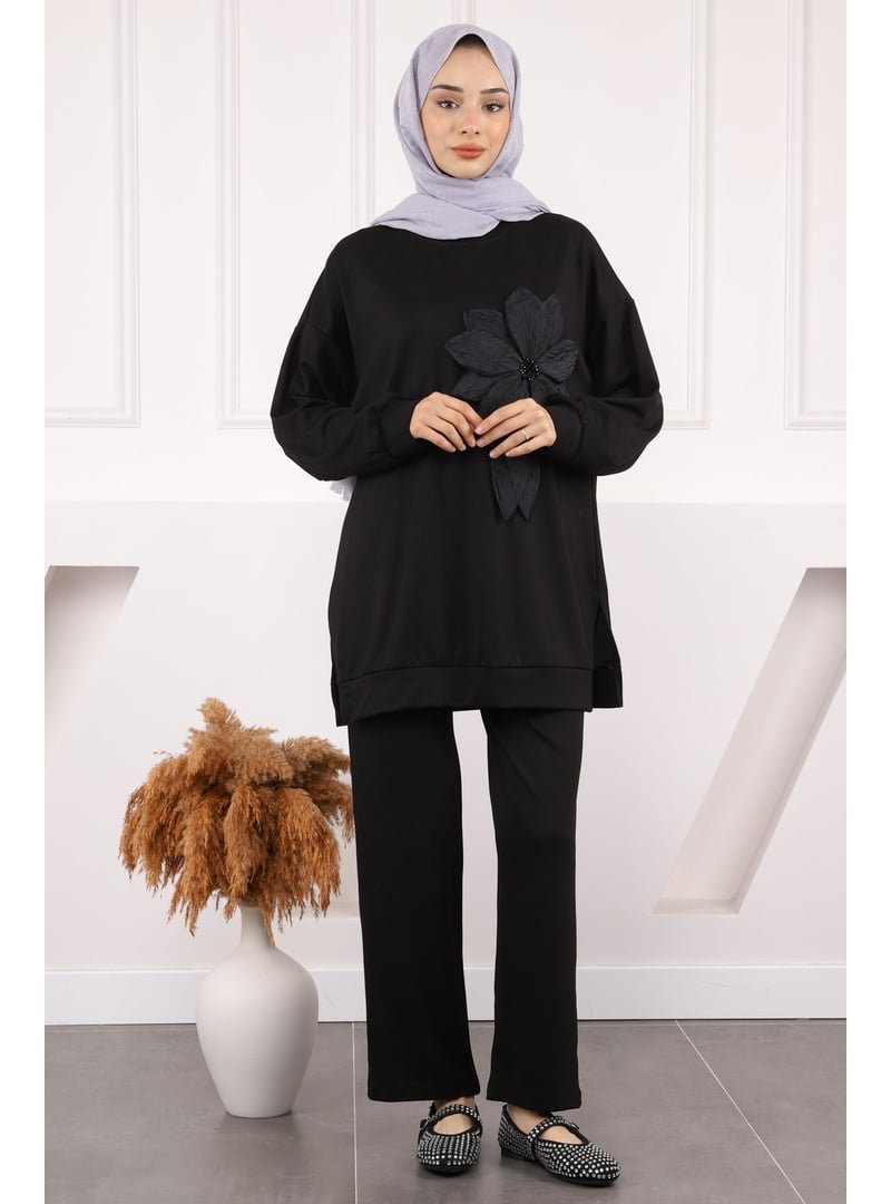 İmaj Butik Siyah Çiçek Detaylı Modal Tunik Pantolonlu Takım