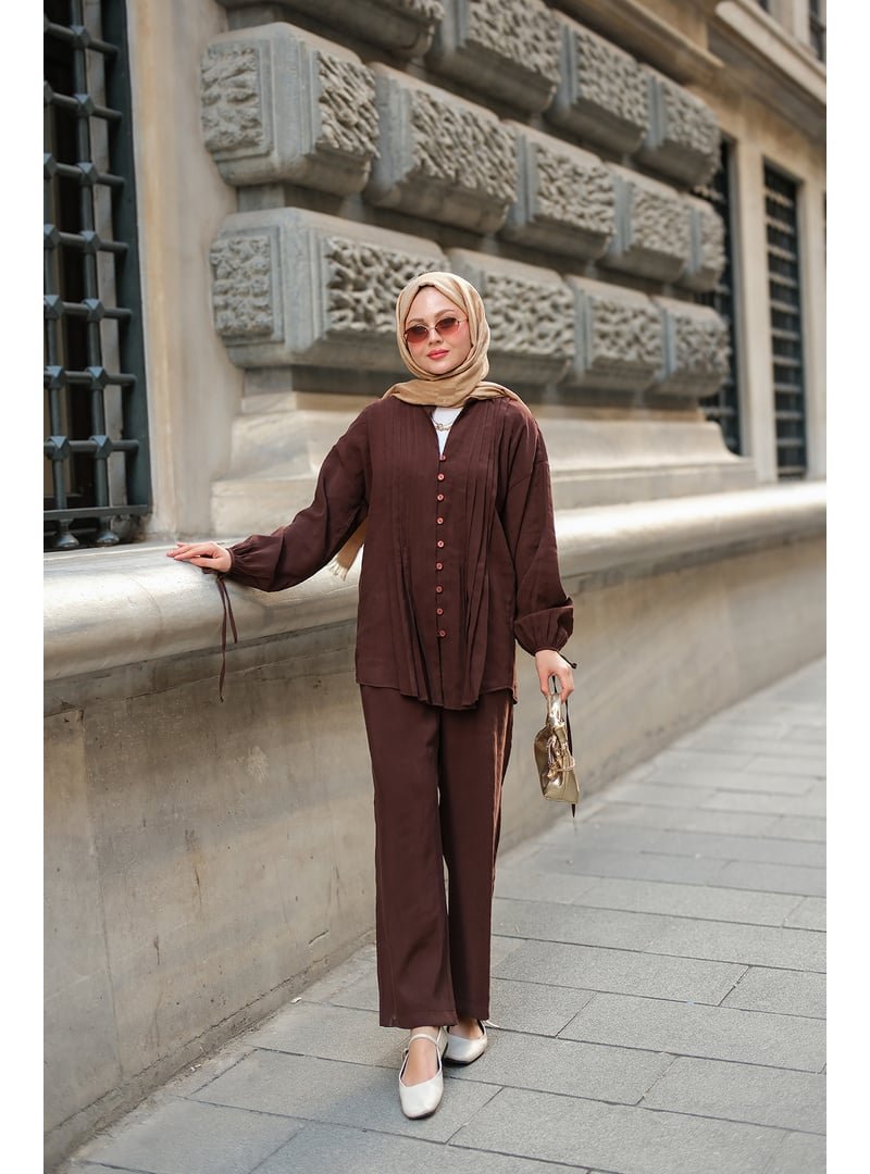 Locco Moda Kahverengi Süs Dikişli Büzgülü Takım