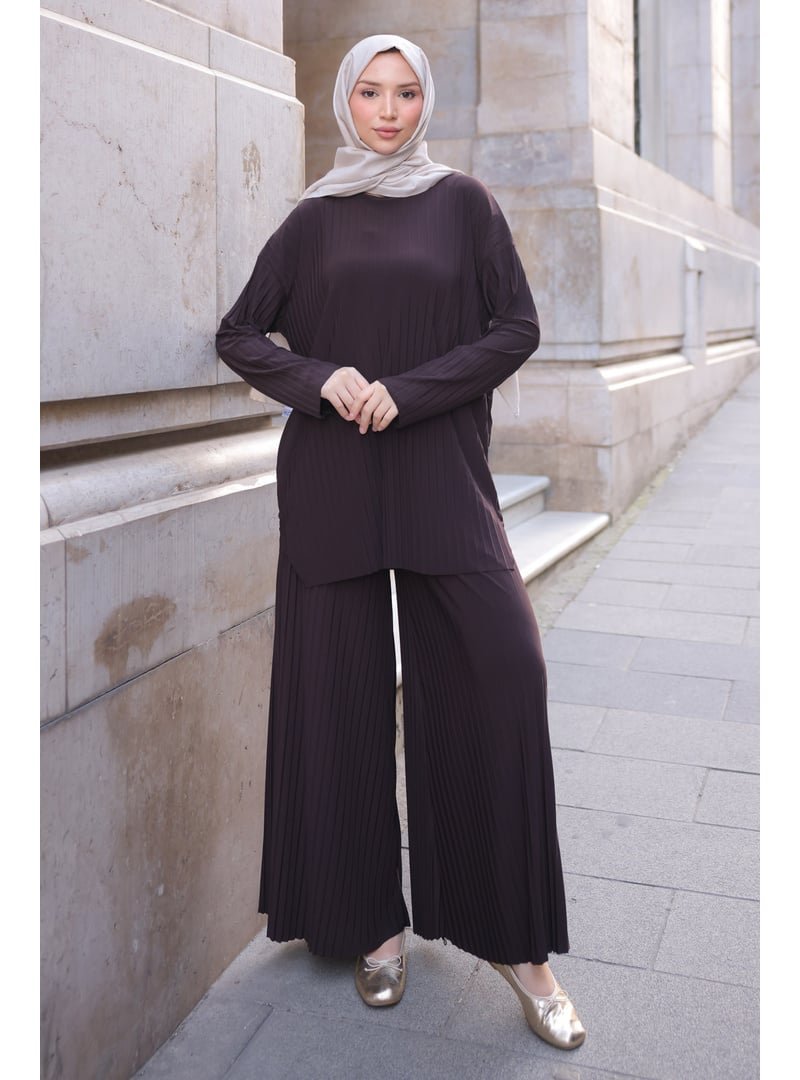 İmaj Butik Kahverengi Piliseli Sandy Tunik Pantolon Takım