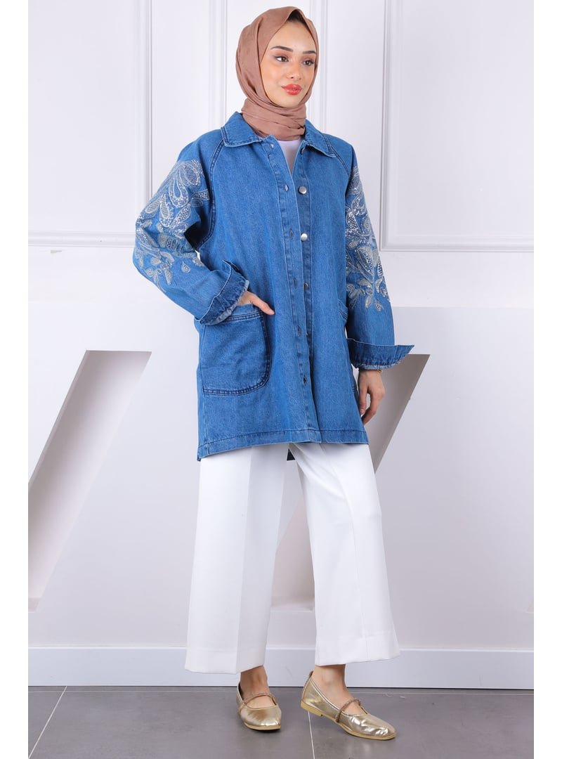 İmaj Butik Mavi Pul Nakışlı Cepli Kot Ceket