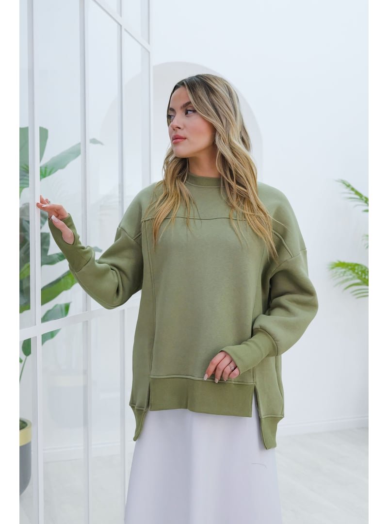 Locco Moda Yeşil Ön Yırtmaç Ve Parmak Detaylı Sweat