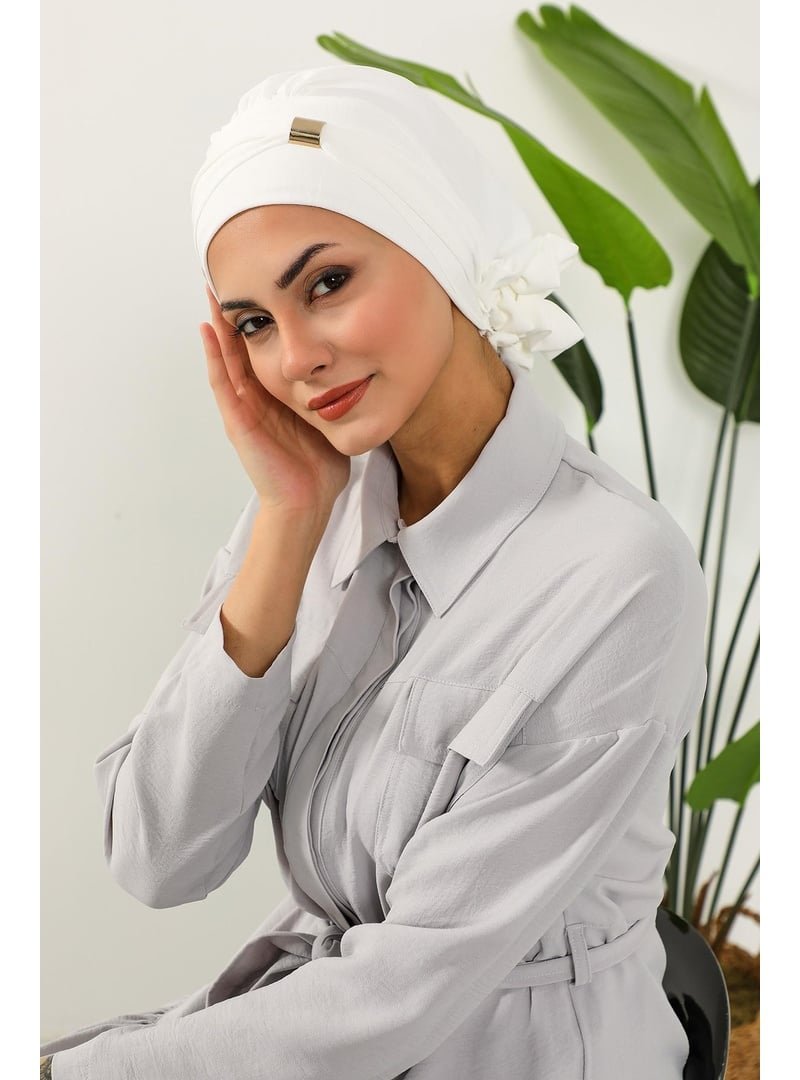 Aisha`s Design Ecru Aksesuarlı Aerobin Kumaş Hazır Türban,ht