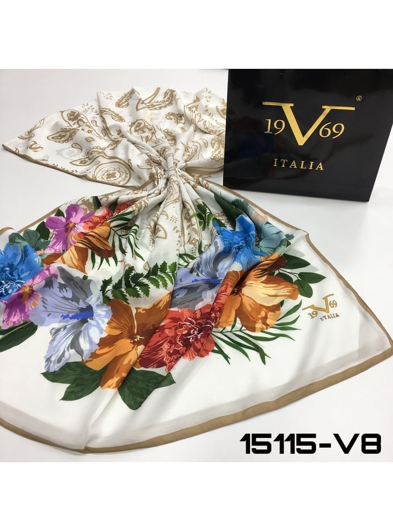 19v69 ITALIA Çiçekli Desen Pavia Seri Şal Askısı İle Birlikte 90x200 Cm Beyaz Kahve
